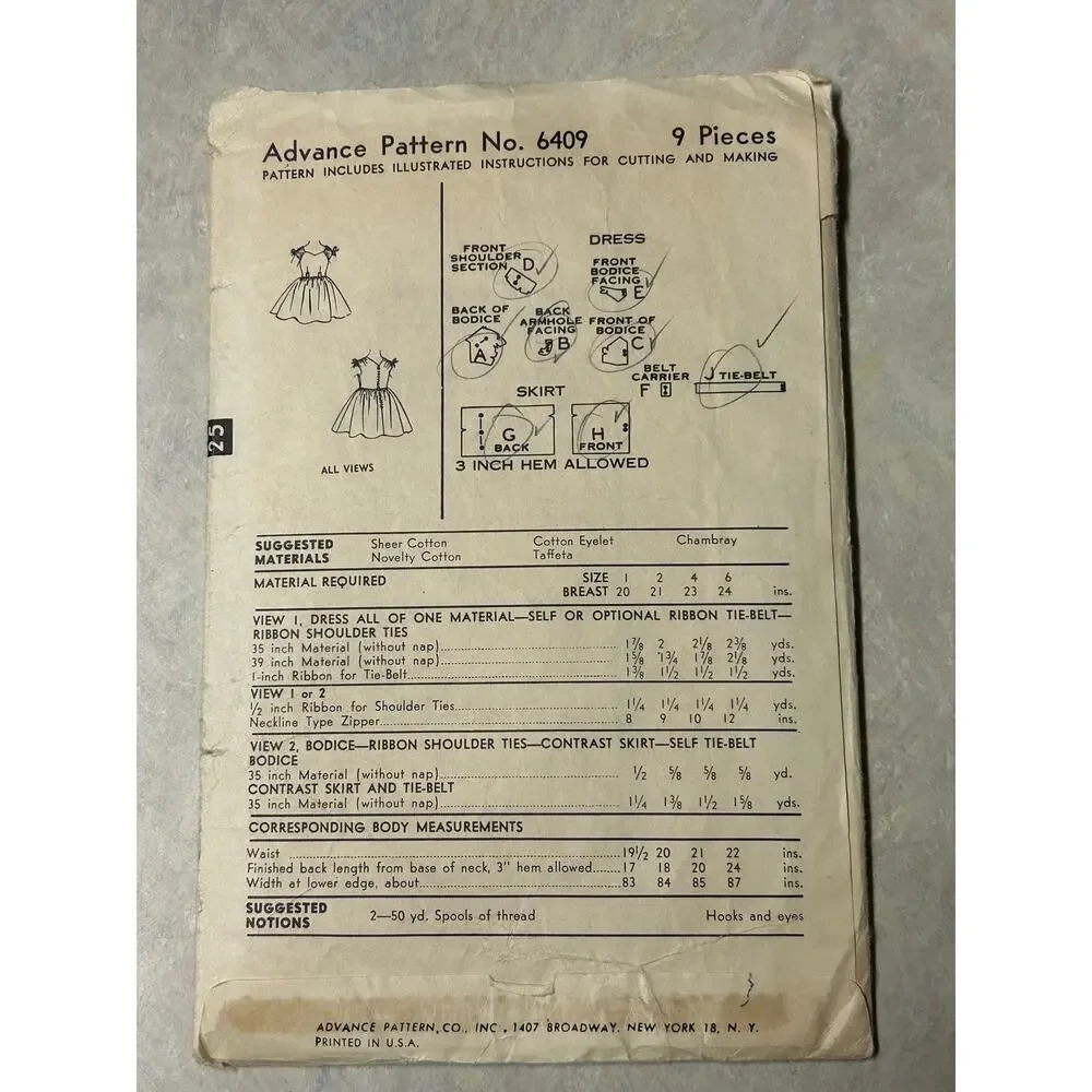 Vintage 1950's Advance Pattern #6409 Girls Full Skirted Dress Size‎ 6 HTF